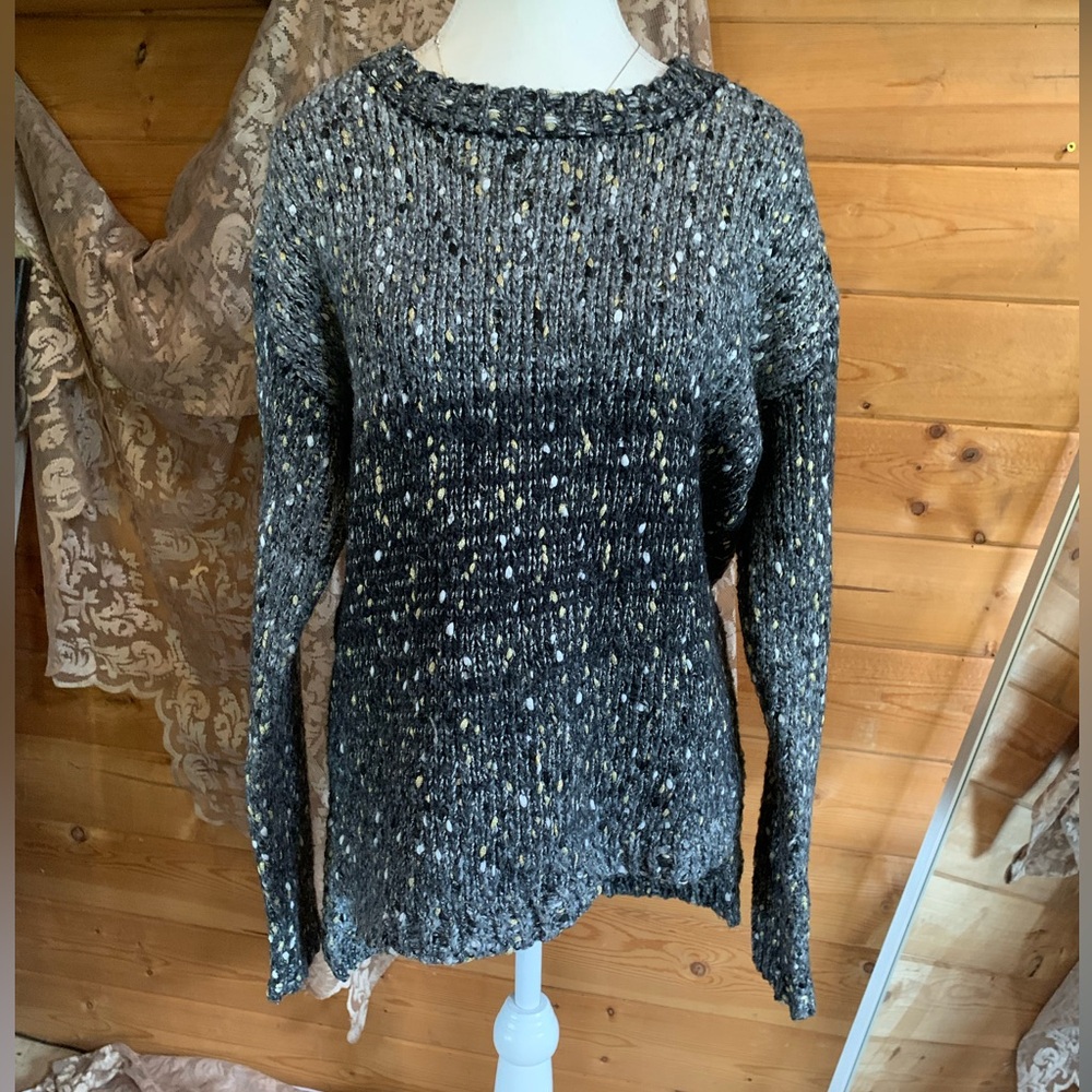 Black Metallic Gold Flecked High Low Knit Sweater Women Medium